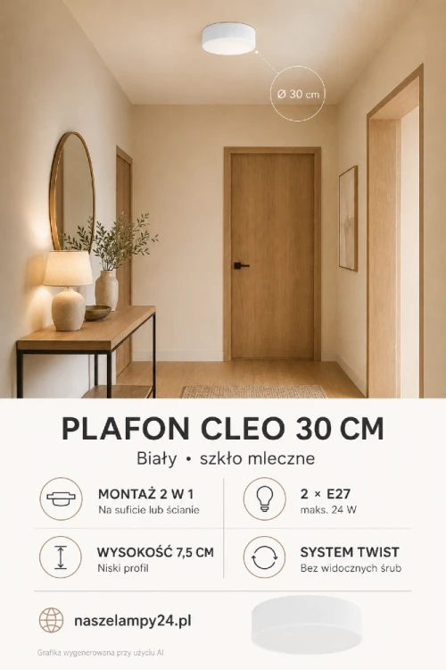 Plafon CLEO biały o średnicy 30 cm pasuje do wnętrz nowoczesnych, klasycznych i skandynawskich. Dwa gwinty E27 pozwalają dobrać odpowiednie żarówki LED. Lampę można zamontować na suficie lub wykorzystać jako praktyczny kinkiet ścienny.