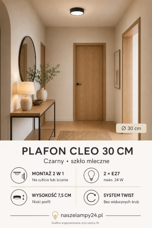 Czarny plafon CLEO marki Temar pasuje do nowoczesnych, loftowych i minimalistycznych wnętrz. Ma średnicę 30 cm, wysokość 7,5 cm oraz dwa gwinty E27. Może być zamontowany na suficie lub wykorzystany jako kinkiet.