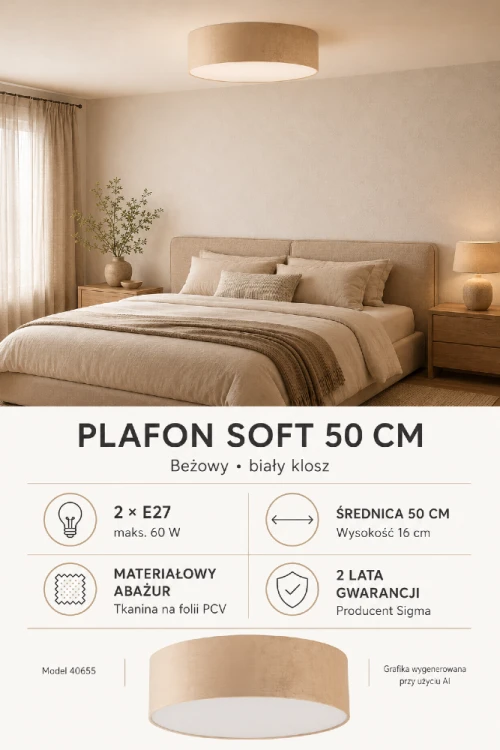 Plafon SOFT Sigma 40655 wyróżnia beżowy materiałowy abażur i biały klosz. Średnica 50 cm oraz wysokość 16 cm sprawiają, że lampa dobrze prezentuje się w salonie, sypialni lub jadalni. Dwa gwinty E27 umożliwiają użycie LED.