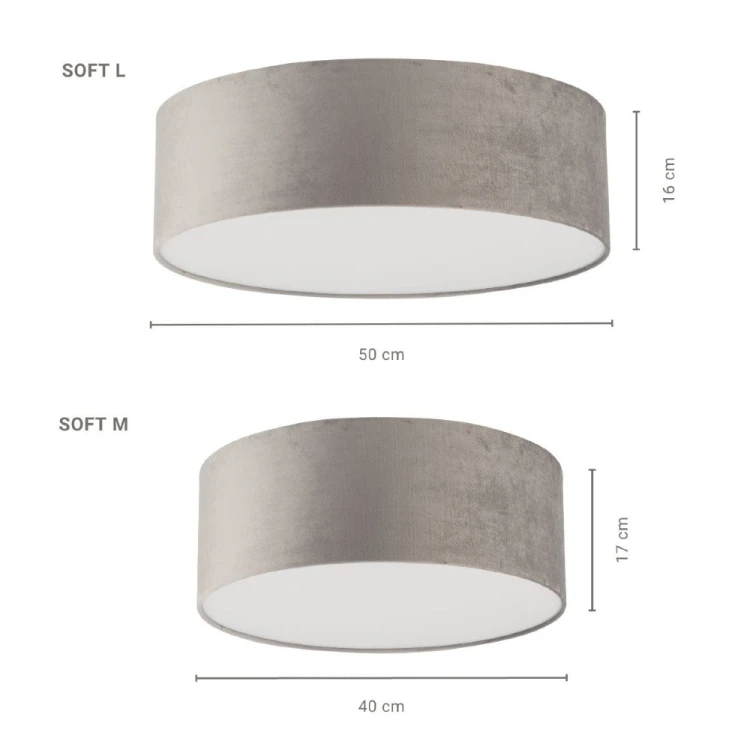 Plafon SOFT 40654 marki Sigma ma średnicę 50 cm, wysokość 16 cm i dwa gwinty E27. Szary abażur z tkaniny oraz biały dolny klosz tworzą eleganckie połączenie do salonu, sypialni, jadalni, pokoju dziennego lub gabinetu.