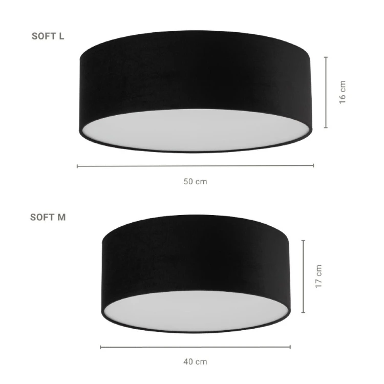 Plafon SOFT 40652 marki Sigma ma średnicę 50 cm, wysokość 16 cm i dwa gwinty E27. Czarny abażur z tkaniny oraz biały dolny klosz tworzą efektowne połączenie do salonu, sypialni, jadalni, pokoju dziennego lub gabinetu.