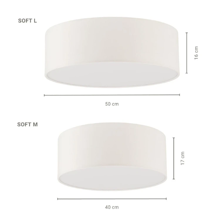 Plafon SOFT 40653 marki Sigma ma średnicę 50 cm, wysokość 16 cm i dwa gwinty E27. Biały abażur z tkaniny oraz dolny klosz tworzą subtelne połączenie do salonu, sypialni, jadalni, pokoju dziennego lub gabinetu.