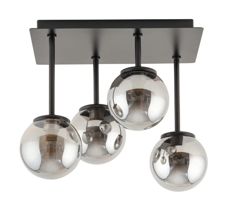 Lampa sufitowa TULIA 4xG9 Sigma 33504 łączy czarną, matową oprawę z czterema dymionymi kulami ze szkła. Kompaktowy plafon o wysokości 25 cm doskonale pasuje do salonu, sypialni, kuchni, jadalni i przedpokoju.