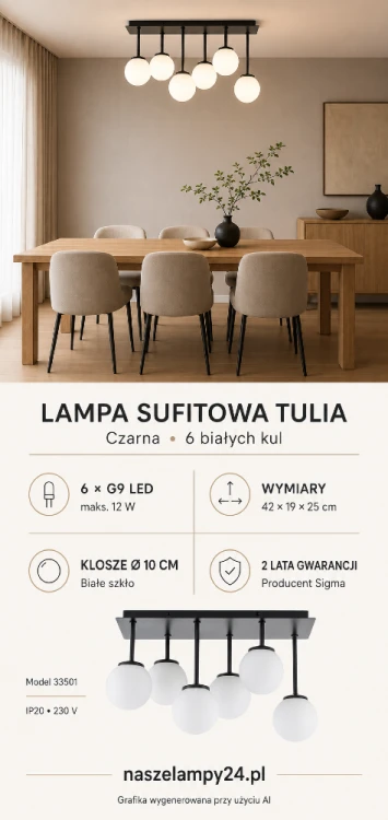 Plafon TULIA Sigma 33501 wyróżnia czarna konstrukcja oraz sześć białych, szklanych kul. Lampa o wymiarach 42 × 19 × 25 cm pasuje do nowoczesnych i minimalistycznych wnętrz. Źródła światła 6xG9 należy dokupić osobno.