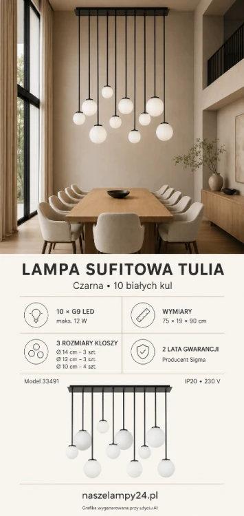 Lampa sufitowa TULIA Sigma 33491 wyróżnia się dziesięcioma białymi kulami o średnicy 10, 12 i 14 cm. Czarna konstrukcja o wysokości 90 cm tworzy dekoracyjne oświetlenie nad duży stół, wyspę kuchenną, barek lub schody.