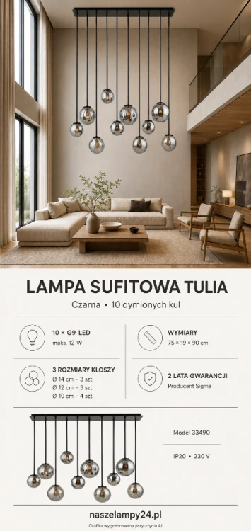 Lampa sufitowa TULIA Sigma 33490 wyróżnia się dziesięcioma dymionymi kulami o średnicy 10, 12 i 14 cm. Czarna konstrukcja o wysokości 90 cm tworzy dekoracyjne oświetlenie nad duży stół, wyspę kuchenną, barek lub schody.
