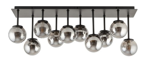 Plafon TULIA 10xG9 Sigma 33492 łączy czarną, matową oprawę z dziesięcioma dymionymi kulami o średnicy 10 cm. Lampa o szerokości 75 cm i wysokości 25 cm sprawdzi się nad stołem, wyspą kuchenną lub barkiem.