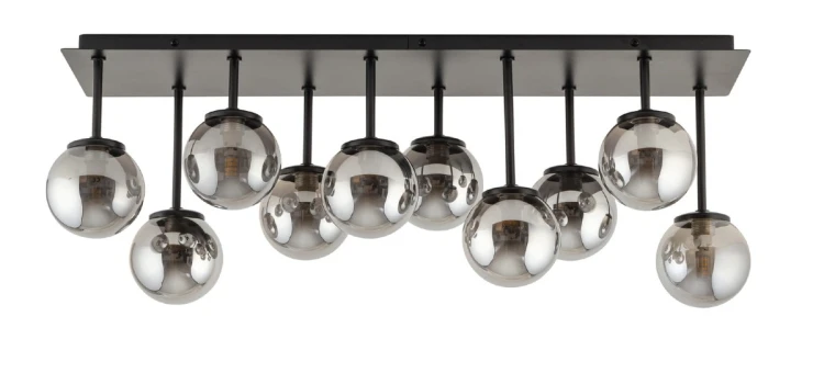 Plafon TULIA 10xG9 Sigma 33492 łączy czarną, matową oprawę z dziesięcioma dymionymi kulami o średnicy 10 cm. Lampa o szerokości 75 cm i wysokości 25 cm sprawdzi się nad stołem, wyspą kuchenną lub barkiem.