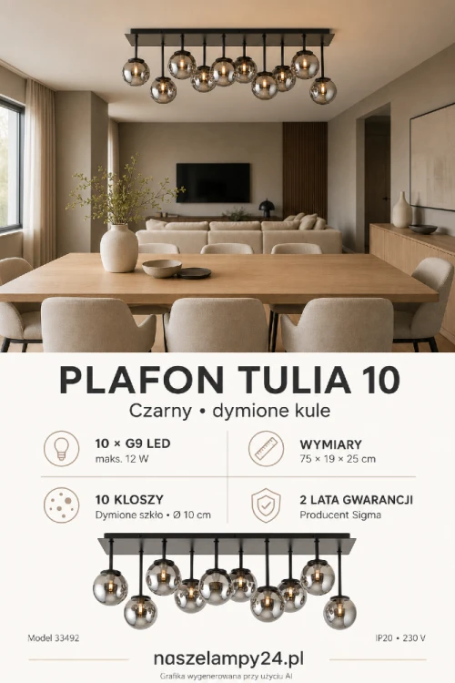 Plafon TULIA Sigma 33492 wyróżnia się dziesięcioma dymionymi kulami i czarną konstrukcją. Model o wymiarach 75 × 19 × 25 cm tworzy dekoracyjne oświetlenie nad duży stół, wyspę kuchenną lub barek.