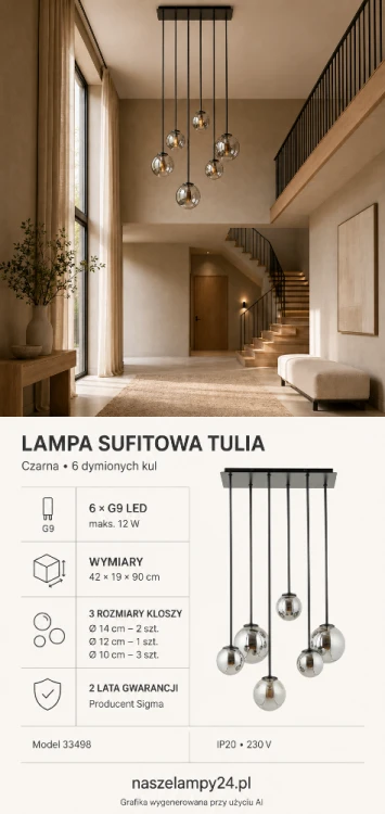 Lampa sufitowa TULIA Sigma 33498 ma sześć dymionych kul o średnicy 10, 12 i 14 cm. Czarna konstrukcja o wysokości 90 cm tworzy dekoracyjne oświetlenie nad stół, wyspę kuchenną, barek lub do wysokiej klatki schodowej.