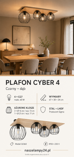 Lampa sufitowa CYBER 4xE27 marki Sigma ma drewnianą podstawę i cztery czarne, ażurowe klosze. Niska konstrukcja o wysokości 24 cm pasuje do salonu, jadalni, kuchni i gabinetu. Idealna do dekoracyjnych żarówek LED.