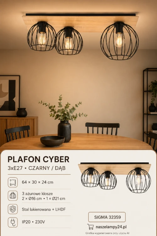 Plafon CYBER 3xE27 czarny dąb Sigma zachwyca połączeniem drewna i ażurowych kloszy ze stali. Dwa klosze Ø16 cm oraz jeden Ø21 cm tworzą ciekawą kompozycję. Lampa pasuje do salonu, jadalni, kuchni i sypialni.