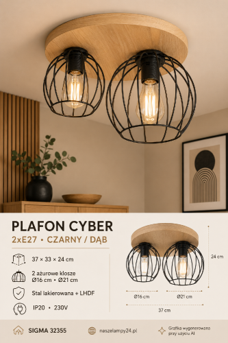 Czarno-drewniany plafon CYBER Sigma 32355 ma dwa metalowe klosze o średnicy 16 i 21 cm. Otwarta konstrukcja efektownie eksponuje żarówki E27. To stylowe oświetlenie do wnętrz loftowych, nowoczesnych i skandynawskich.
