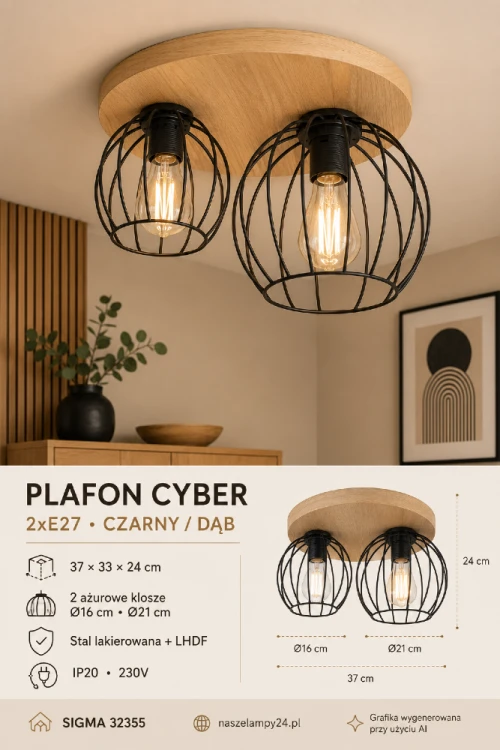 Czarno-drewniany plafon CYBER Sigma 32355 ma dwa metalowe klosze o średnicy 16 i 21 cm. Otwarta konstrukcja efektownie eksponuje żarówki E27. To stylowe oświetlenie do wnętrz loftowych, nowoczesnych i skandynawskich.