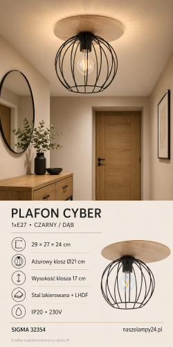 Czarno-drewniany plafon CYBER Sigma 32354 ma metalowy klosz, który efektownie eksponuje żarówkę E27. Wymiary 29 × 27 × 24 cm sprawiają, że model dobrze prezentuje się w niewielkich wnętrzach loftowych i nowoczesnych.