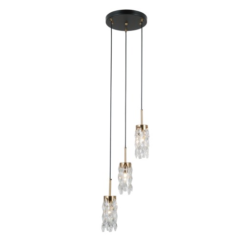 Lampa wisząca ZORTA 3xE14 Italux zachwyca kaskadowym układem trzech szklanych kloszy. Czarne przewody, złote detale i przezroczyste szkło tworzą elegancką oprawę nad stół, na schody, do wysokiego holu lub salonu.