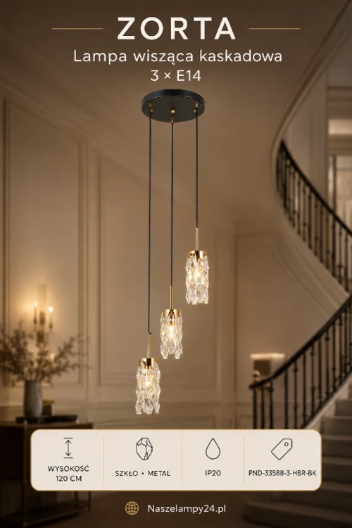 Nowoczesna lampa ZORTA 3xE14 marki Italux łączy czarną podsufitkę, złote detale i dekoracyjne klosze z przezroczystego szkła. Kaskadowy układ podkreśli wystrój salonu, jadalni, holu, antresoli lub schodów.