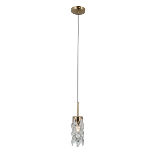 Lampa wisząca ZORTA 1xE14 Italux łączy złote wykończenie, czarny przewód i dekoracyjny klosz z przezroczystego szkła. Smukła oprawa doskonale sprawdzi się nad wyspą kuchenną, stołem, barkiem lub stolikiem nocnym.