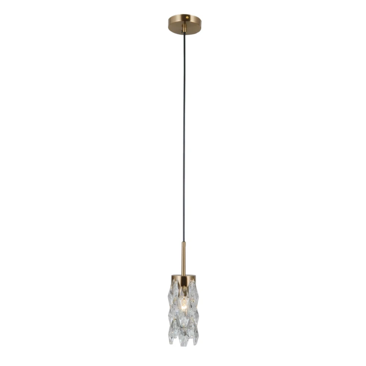 Lampa wisząca ZORTA 1xE14 Italux łączy złote wykończenie, czarny przewód i dekoracyjny klosz z przezroczystego szkła. Smukła oprawa doskonale sprawdzi się nad wyspą kuchenną, stołem, barkiem lub stolikiem nocnym.