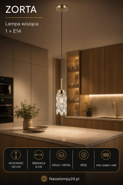 Lampa sufitowa ZORTA Italux z oprawką E14 to stylowe oświetlenie nad stół, wyspę kuchenną, barek lub konsolę. Przezroczysty klosz, złote elementy i czarny przewód tworzą elegancką kompozycję o nowoczesnym charakterze.