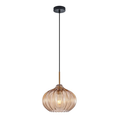 Lampa sufitowa PANSOL 1xE27 Italux zachwyca bursztynowym kloszem z ryflowanego szkła. Czarny przewód i mosiężna tuleja podkreślają jej nowoczesny wygląd. Doskonała nad stół, wyspę kuchenną, barek lub do sypialni.