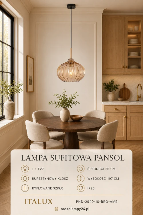 Lampa wisząca PANSOL marki Italux posiada ryflowany klosz z bursztynowego szkła o średnicy 25 cm. Ciepła kolorystyka amber pasuje do kuchni, jadalni, salonu i sypialni. Model na żarówkę E27, wysokość z zawieszeniem 107 cm.