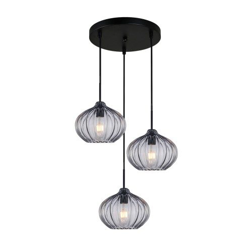 Lampa sufitowa PANSOL 3xE27 Italux zachwyca trzema dymionymi kloszami z ryflowanego szkła. Kaskadowy układ i czarne wykończenie podkreślają nowoczesny styl. Doskonała nad stół, do salonu, jadalni lub wysokiego holu.