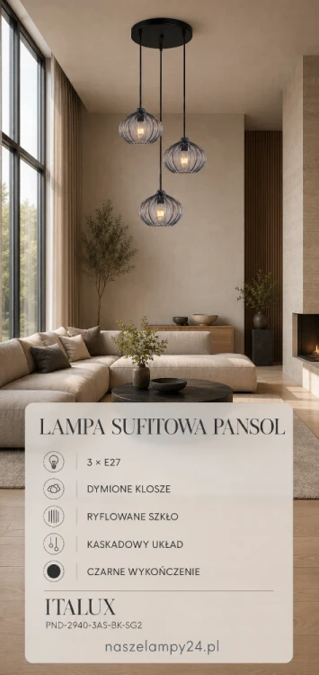 Kaskadowa lampa PANSOL 3xE27 łączy czarną oprawę z transparentnymi kloszami z dymionego szkła. Dekoracyjne ryflowania tworzą ciekawą grę światła. Lampa efektownie prezentuje się nad stołem, stolikiem kawowym lub przy schodach.