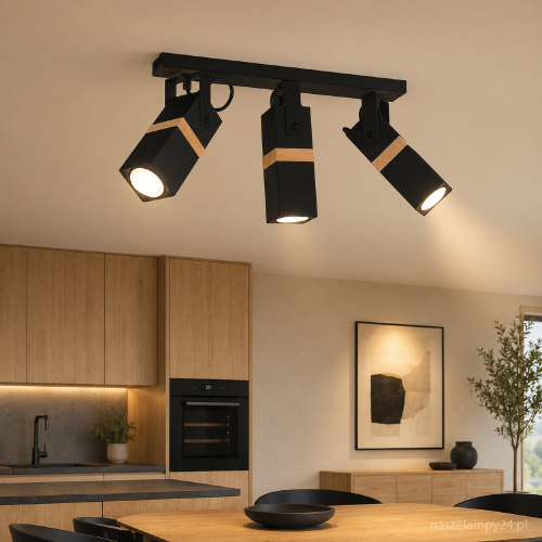 VIDAR BLACK 3xGU10 to nowoczesna lampa sufitowa Milagro z regulowanymi reflektorami. Czarne metalowe klosze uzupełniają drewniane detale. Oprawa pasuje do wnętrz loftowych, industrialnych, nowoczesnych i skandynawskich.