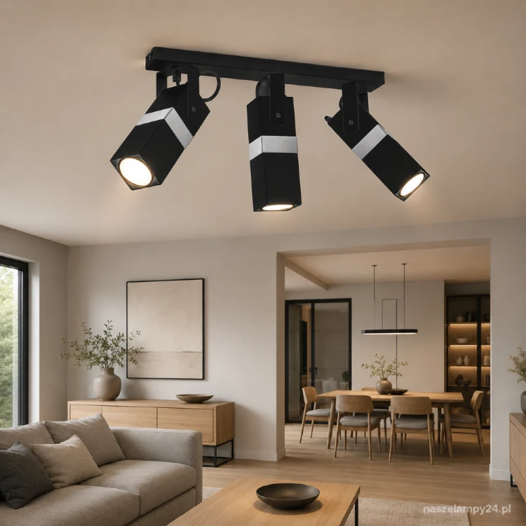 Czarna lampa sufitowa VIDAR 3xGU10 Milagro ma trzy ruchome reflektory ozdobione chromowanymi opaskami. Nowoczesna, geometryczna forma pasuje do salonu, kuchni, sypialni oraz wnętrz loftowych, industrialnych i minimalistycznych.