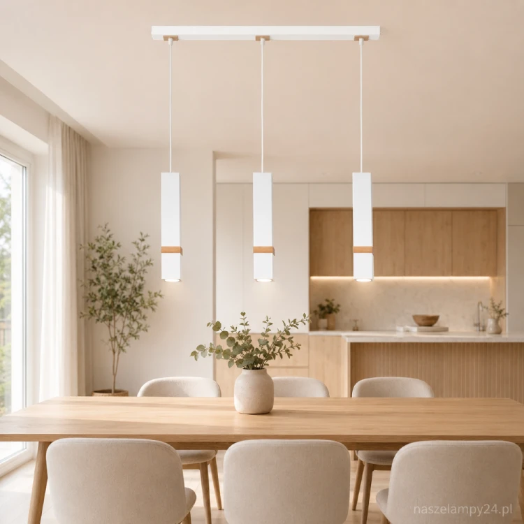 Biała lampa wisząca VIDAR Milagro łączy metal z naturalnym drewnem. Trzy klosze GU10 równomiernie oświetlą stół, wyspę kuchenną lub blat. Szerokość 60 cm, regulowana wysokość 35–90 cm. Żarówki nie są dołączone.