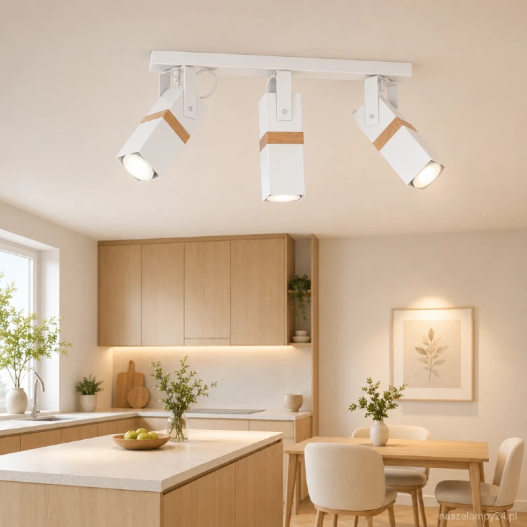 Biała lampa sufitowa VIDAR WHITE Milagro ma trzy ruchome reflektory GU10 ozdobione drewnianymi opaskami. Jasna, geometryczna forma pasuje do wnętrz nowoczesnych, skandynawskich i japandi. Wymiary: 60 × 20 × 8 cm