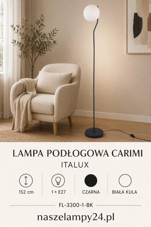 Lampa podłogowa CARIMI łączy czarną stal z białym szklanym kloszem w kształcie kuli. Minimalistyczna forma pasuje do salonu, sypialni i gabinetu. Model Italux FL-3300-1-BK ma 152 cm wysokości i włącznik na przewodzie