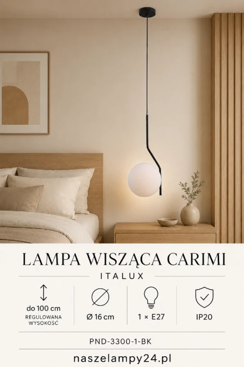 Nowoczesna lampa CARIMI Italux z białą szklaną kulą subtelnie rozprasza światło. Czarna armatura i dekoracyjnie wygięty stelaż pasują do wnętrz minimalistycznych oraz loftowych. Model ma regulowaną wysokość i gwint E27.