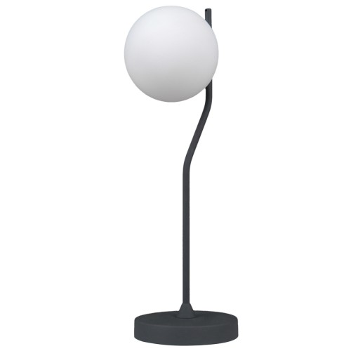 Lampka stołowa CARIMI Italux TB-3300-1-BK łączy grafitowy stalowy stelaż z białym kloszem w kształcie kuli. Ma 60 cm wysokości, 20 cm szerokości oraz oprawkę G9. Sprawdzi się na biurku, komodzie i stoliku nocnym.