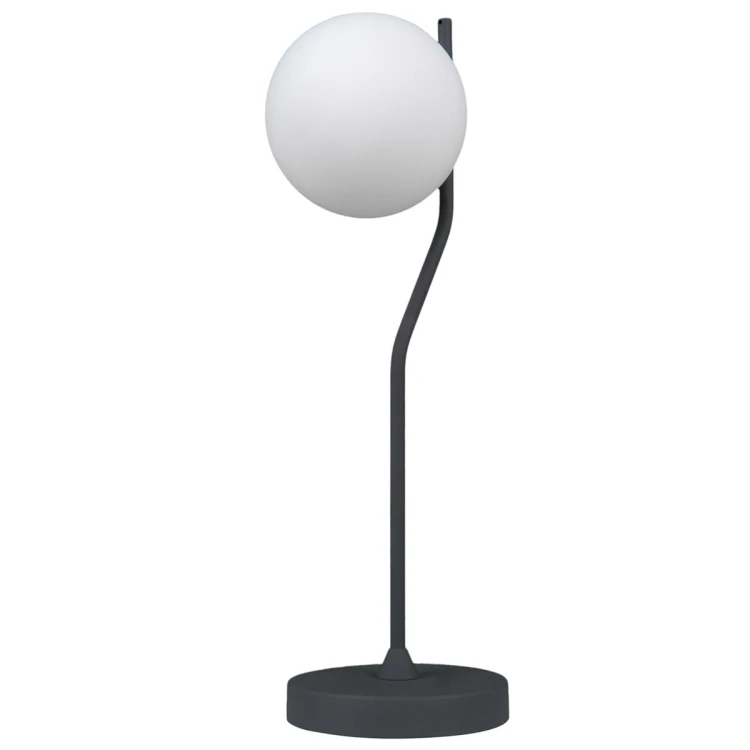 Lampka stołowa CARIMI Italux TB-3300-1-BK łączy grafitowy stalowy stelaż z białym kloszem w kształcie kuli. Ma 60 cm wysokości, 20 cm szerokości oraz oprawkę G9. Sprawdzi się na biurku, komodzie i stoliku nocnym.