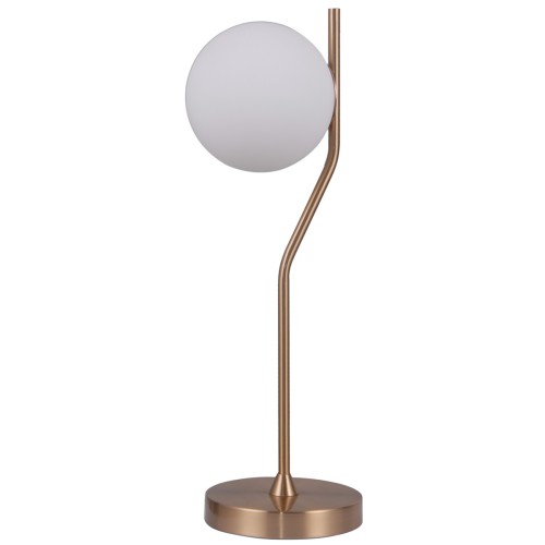 Lampka stołowa CARIMI Italux TB-3300-1-HBR łączy miodowy mosiądz z białym szklanym kloszem w kształcie kuli. Ma 60 cm wysokości, 20 cm szerokości i oprawkę G9. Doskonała na stolik nocny, biurko lub komodę.