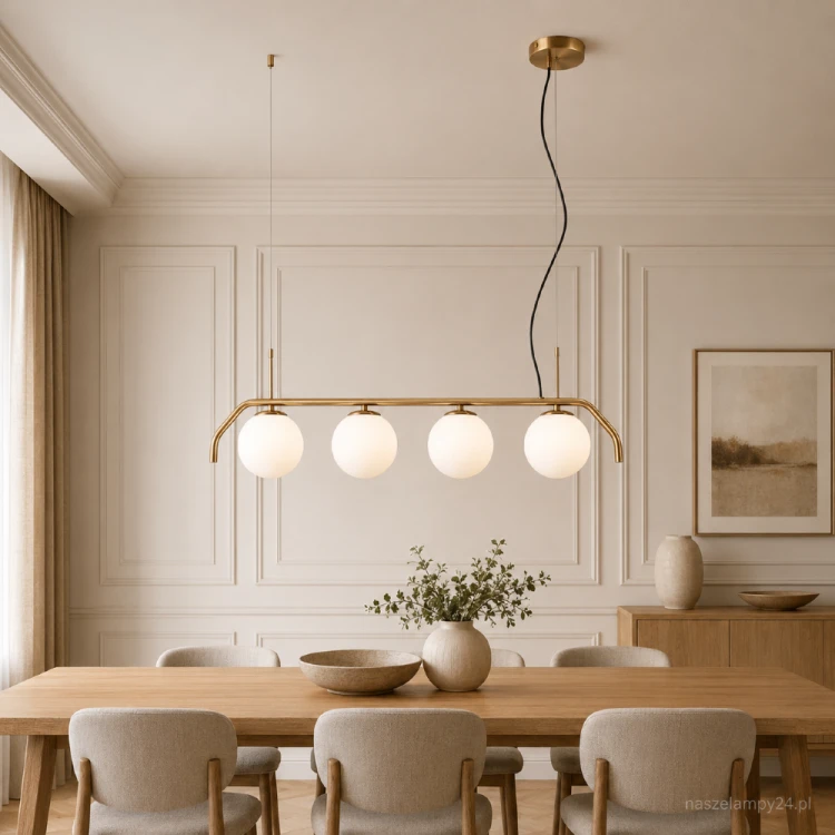 CARIMI Italux to elegancka lampa sufitowa z czterema białymi kloszami w kształcie kul. Armatura w kolorze miodowego mosiądzu ociepla aranżację, a długość 90 cm sprawia, że model świetnie prezentuje się nad dużym stołem.