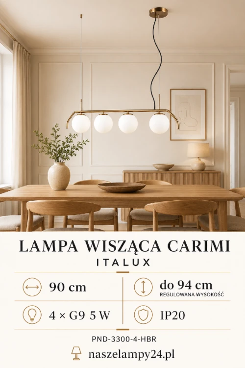 Lampa wisząca CARIMI PND-3300-4-HBR ma cztery szklane klosze, armaturę w kolorze miodowego mosiądzu i źródła światła 4 × G9 5 W. Regulowana wysokość do 94 cm pozwala dopasować zawieszenie do wnętrza.