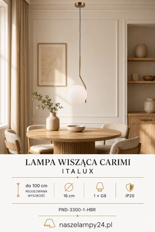 CARIMI Italux to nowoczesna lampa wisząca z kulistym kloszem i dekoracyjnie wygiętym stelażem. Miodowy mosiądz ociepla aranżację, a białe szkło przyjemnie rozprasza światło. Wysokość lampy można skrócić ze 100 cm.