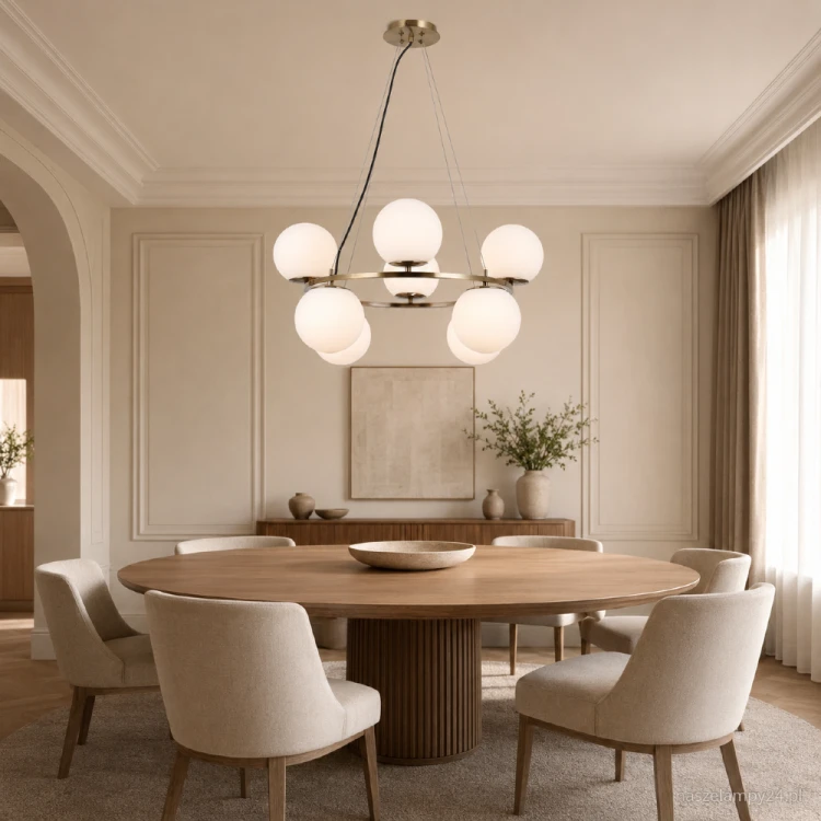 Lampa sufitowa LAROSA z ośmioma białymi kloszami w kształcie kul efektownie oświetli salon lub jadalnię. Patynowane okręgi i przestrzenny układ 4 + 4 tworzą elegancką kompozycję. Model wykorzystuje 8 żarówek E14.