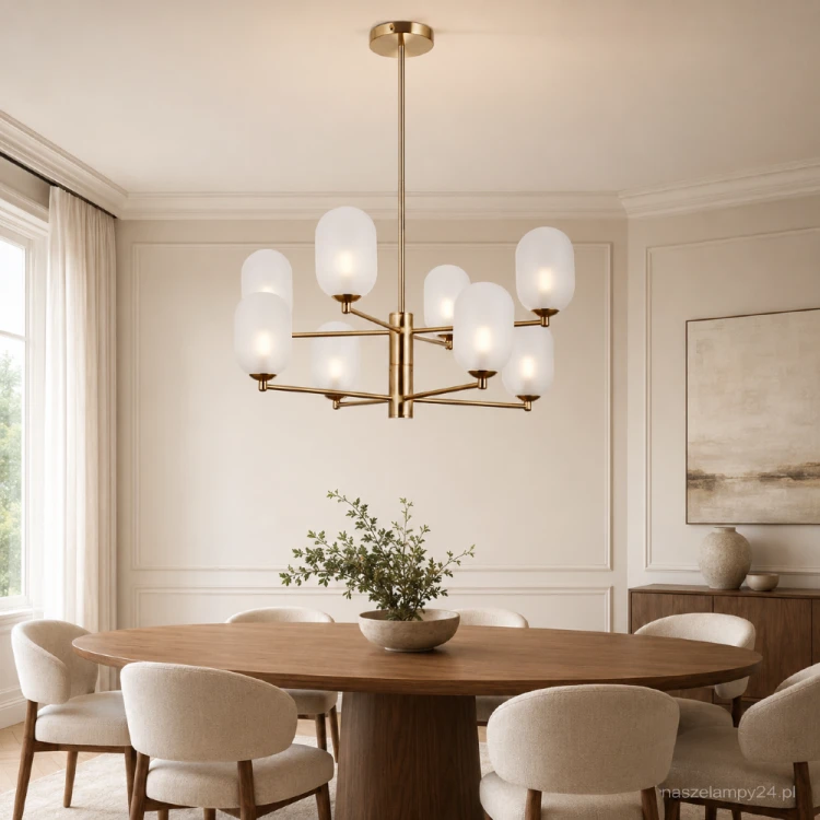 PERANO Italux to elegancka lampa z ośmioma podłużnymi kloszami opalowymi. Przestrzenny układ mosiężnych ramion równomiernie rozprowadza światło. Model 8 × G9 doskonale sprawdzi się w salonie lub jadalni.
