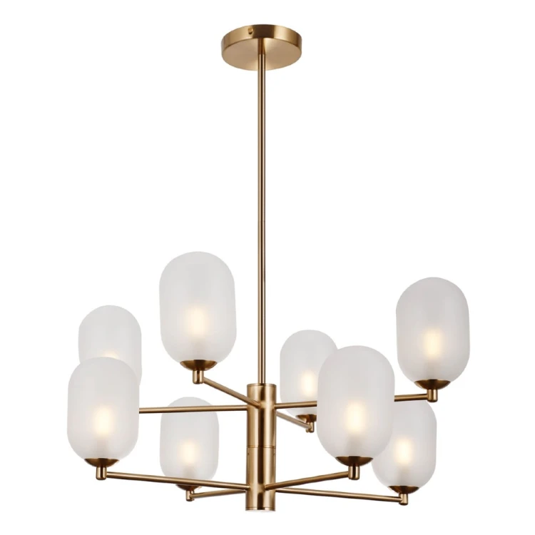 Elegancka lampa PERANO PND-4215-8A-HBR-SAT ma osiem kloszy z białego szkła opalowego oraz smukłe ramiona w kolorze mosiądzu. Osiem źródeł światła G9 do 5 W pomoże równomiernie oświetlić większe wnętrze.