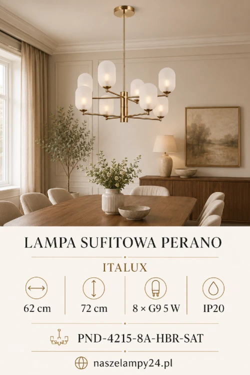Lampa sufitowa PERANO 8 × G9 wyróżnia się mosiężną konstrukcją i białymi mlecznymi kloszami. Wielopoziomowa forma efektownie prezentuje się nad stołem i w centralnej części salonu. Wymiary lampy: 62 × 72 cm.