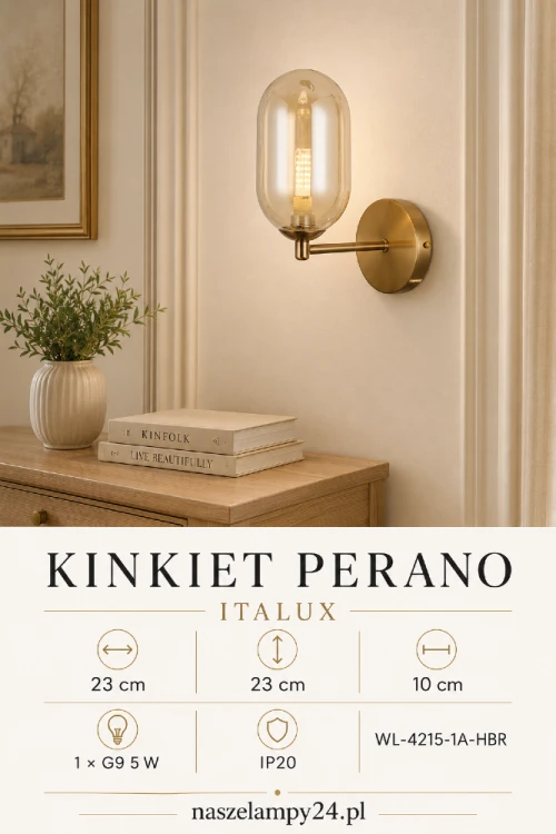 PERANO Italux to kompaktowy kinkiet z mosiężną podstawą i podłużnym kloszem w bursztynowym odcieniu. Model WL-4215-1A-HBR ma wymiary 23 × 23 × 10 cm, źródło światła 1 × G9 5 W oraz stopień ochrony IP20.