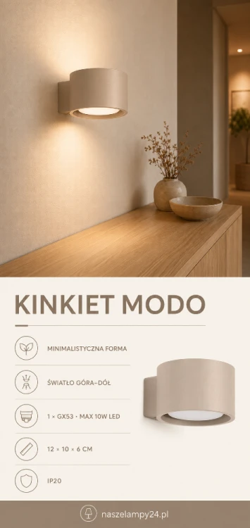 Szukasz minimalistycznego oświetlenia ściennego? Kinkiet MODO taupe z gwintem GX53 tworzy efektowną poświatę nad i pod oprawą. Doskonale pasuje do sypialni, salonu, korytarza, gabinetu oraz nowoczesnego przedpokoju.