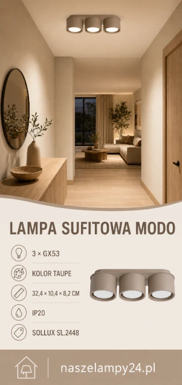 Plafon MODO 3xGX53 taupe to funkcjonalne oświetlenie do nowoczesnych i minimalistycznych wnętrz. Trzy źródła światła rozmieszczone w jednym rzędzie dobrze oświetlą korytarz, przedpokój, kuchnię lub salon.