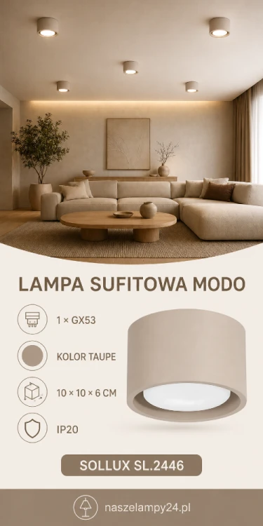 Nowoczesna lampa sufitowa MODO Sollux SL.2446 to kompaktowa oprawa na wymienną żarówkę GX53. Modny kolor taupe pasuje do wnętrz minimalistycznych, skandynawskich i japandi. Wymiary: 10 × 10 × 6 cm, IP20.