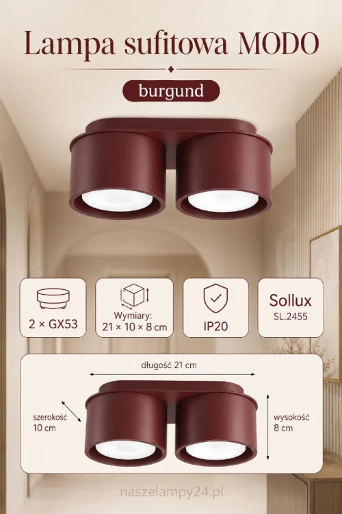 Plafon MODO burgund 2xGX53 Sollux wyróżnia się dwiema cylindrycznymi oprawami i głębokim bordowym kolorem. Kompaktowa lampa sufitowa 21 × 10 × 8 cm, IP20, doskonale pasuje do nowoczesnych wnętrz.