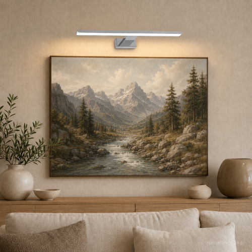 Chromowana galeryjka PINTO LED 12W Milagro równomiernie oświetli obraz, fotografię lub dekorację ścienną. Ciepłe światło 3000K i strumień 750 lm tworzą przytulny nastrój. Minimalistyczna forma doskonale pasuje do nowoczesnych wnętrz.